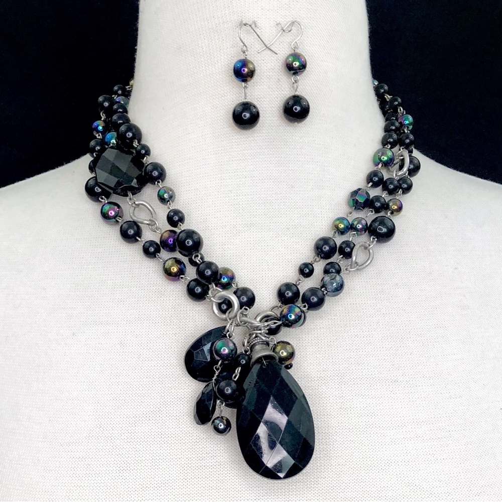 Layered Black Chunky Bead Statement Necklace Earrings Set
